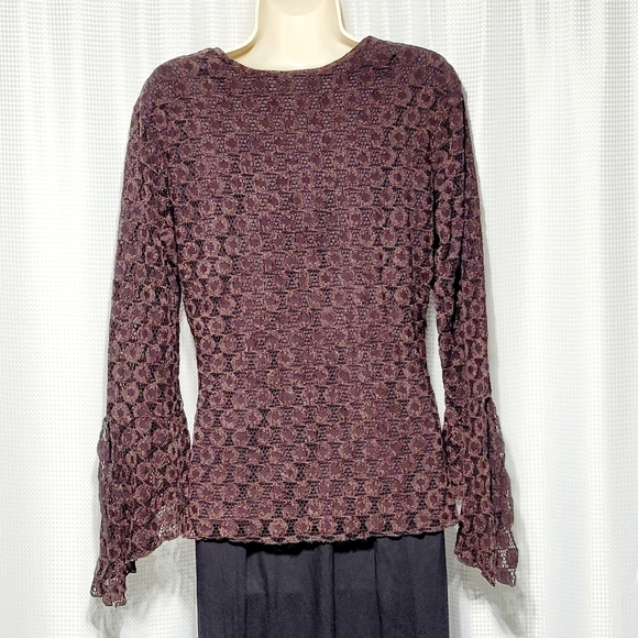 VTG 90s Dark Chocolate Brown Lace Stretch Long Bell Sleeve Pop Over Blouse (L) - Picture 5 of 11